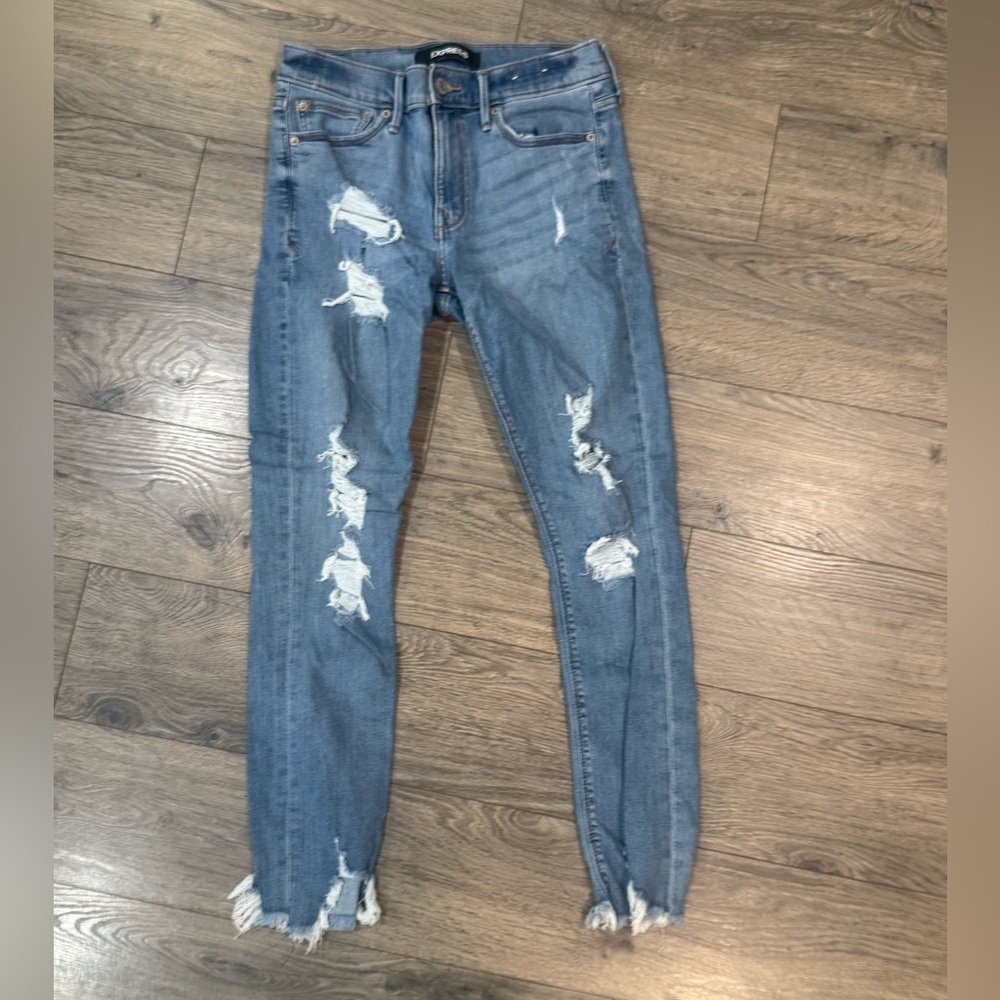 Express Light Blue Distressed Skinny Ankle Mid-rise Jeans Stretch+ Performance